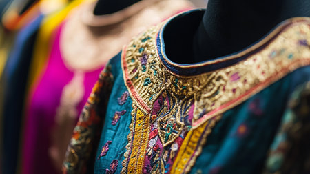 Traditional indian clothes on a market in India. Selective focusの素材