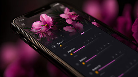 Smartphone with pink flowers on a black background. Close-up.の素材