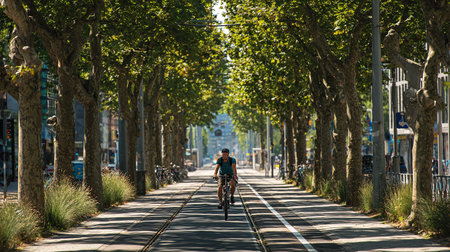man riding bicycle in city centerの素材