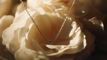 Beautiful necklace on white rose, closeup. Luxury jewelryの素材