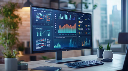 Modern workplace with computer and financial charts on screen. 3d renderingの素材