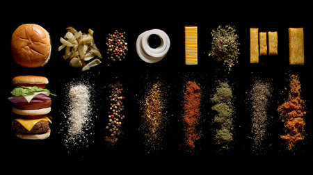 Hamburger ingredients and spices on black background. Top view.の素材