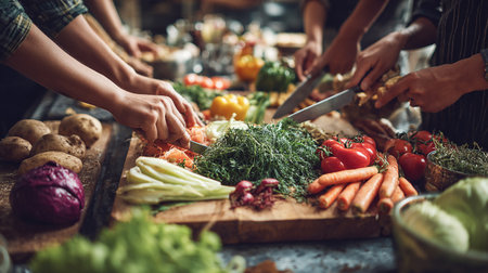 Close up of female hands cutting fresh vegetables on wooden cutting board.の素材