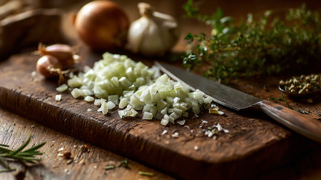 Chopped onions on a wooden cutting board with a knife and herbsの素材