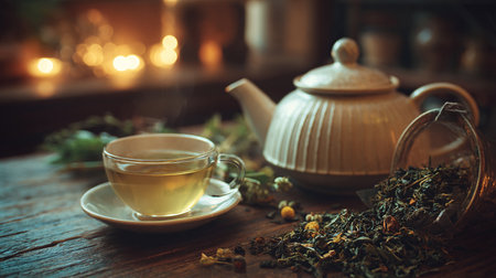 Tea cup and teapot on the wooden table in the roomの素材