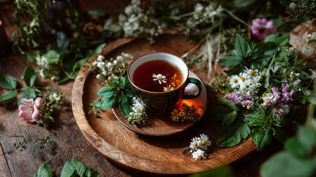Cup of herbal tea and wild flowers on a wooden table.の素材