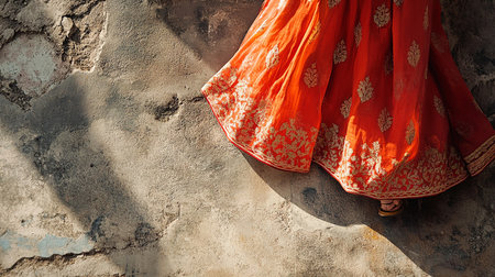 indian woman in red saree on the wall, vintage styleの素材