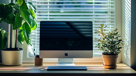 Workplace with computer and plant on windowsill at home office.の素材