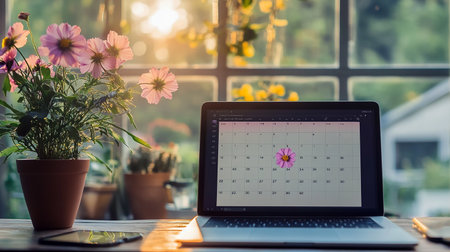 Calendar on the laptop screen with flowers in the coffee shop.の素材