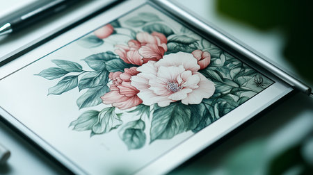 Handmade painting of flowers on the table, close-up.の素材