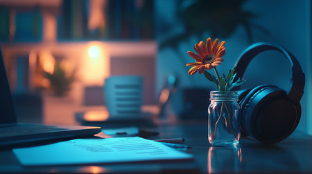 Workspace with laptop, headphones and flowers in glass vase at nightの素材