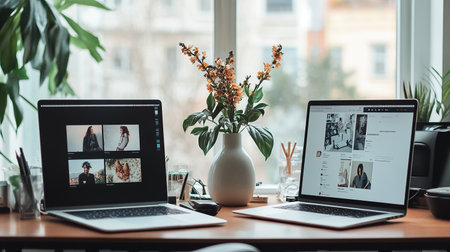 Modern workplace with laptop and smartphone on wooden table in front of windowの素材