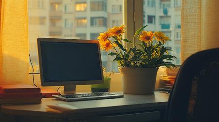 Workplace with computer and sunflowers on the windowsill.の素材