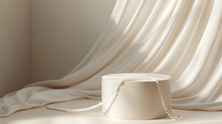3d render of white podium with pearls on white fabric backgroundの素材