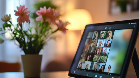 Tablet pc with video conference on screen. Online meeting concept.の素材