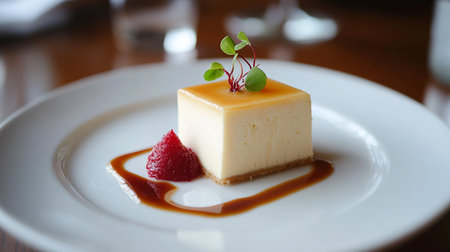 Panna cotta with raspberry and caramel sauce on a white plateの素材