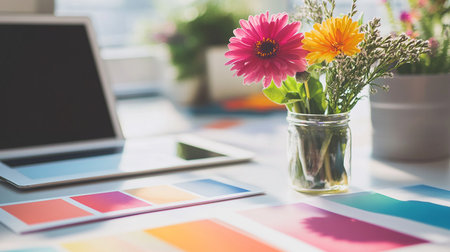 Creative designer desktop with digital tablet and flowers in vase.の素材