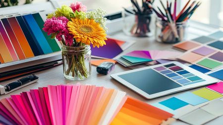 Interior designer workplace with color swatches, pencils, tablet and flowersの素材