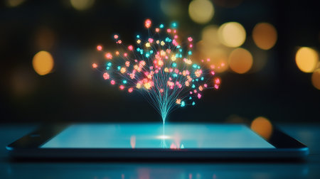 Tablet pc with abstract glowing tree on screen on blurred bokeh backgroundの素材