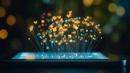 Fiber Optic cables in digital tablet with bokeh backgroundの素材