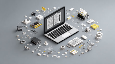 Laptop with electronic book on gray background. 3D rendering.の素材