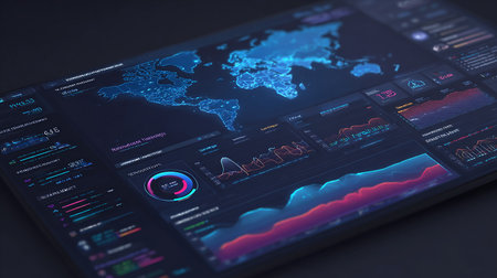Futuristic user interface with charts and graphs. 3d renderingの素材