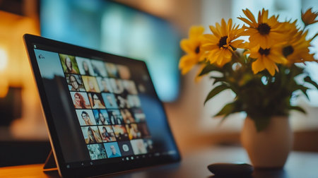 Close-up of a laptop and a bouquet of flowers.の素材