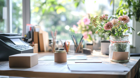 Close up of coffee cup on wooden table with office supplies in the backgroundの素材