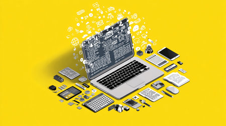 Highly rendering of laptop and electronic devices on yellow background with iconsの素材