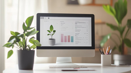 Workplace with computer, plant and stationery on the table.の素材