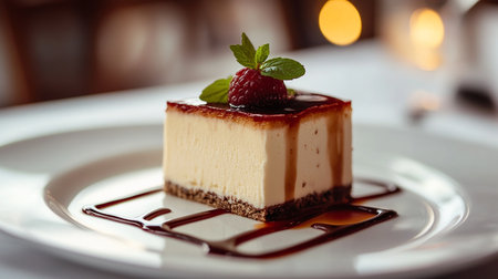 Delicious cheesecake with fresh berries and chocolate sauce on white plateの素材