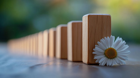 Wooden blocks with daisy flower in the foreground. Selective focus.の素材