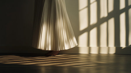 Ballerina in white skirt dancing in the room with sunlight.の素材