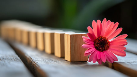 Wooden cubes and pink gerbera flower on wooden table.の素材