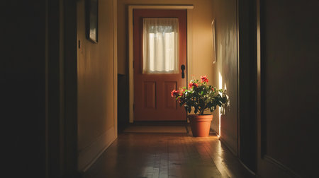 Interior of a dark room with a door and a flowerpotの素材
