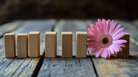 Wooden blocks and pink gerbera on a wooden background.の素材