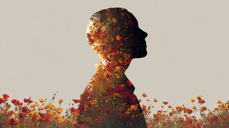 Silhouette of a child in a poppy field. 3D renderingの素材