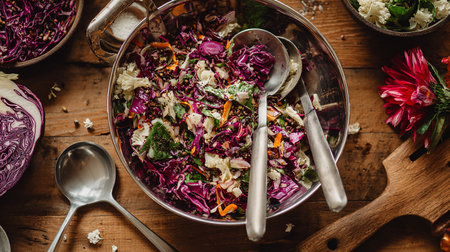 Cabbage salad with red cabbage and cauliflower on rustic backgroundの素材