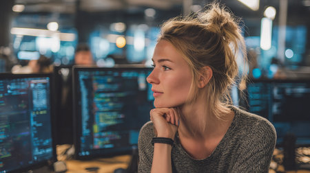 Portrait of beautiful young woman looking away while sitting in front of computer monitors in officeの素材