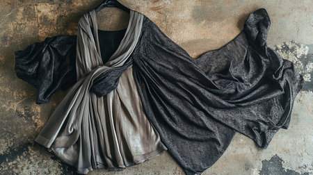 Black women's dress on a grunge background. Top view.の素材