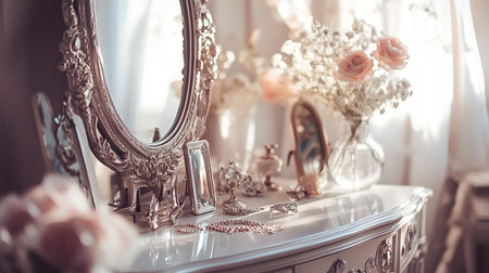 Vintage mirror and jewelry on the table. Luxury interior.の素材