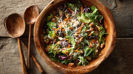 Healthy salad with nuts and parmesan in bowl on wooden tableの素材
