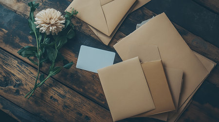 Envelopes and a bouquet of flowers on a wooden tableの素材