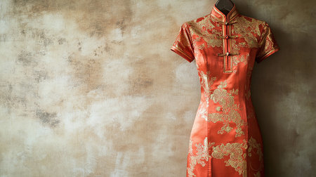 Chinese traditional red dress on the wall background, copy space for textの素材