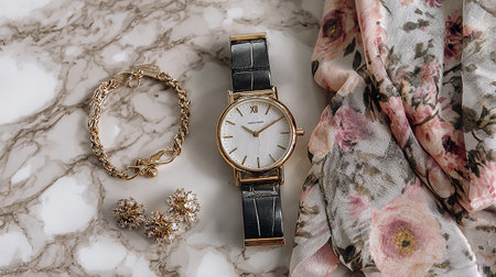 Wristwatch and earringsle background. Fashion concept.の素材