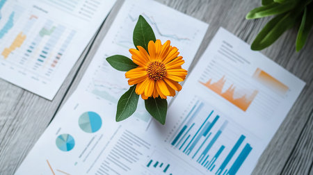 Calendula officinalis flower on the table with financial chartsの素材