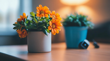 Orange zinnia flowers in a white vase on a wooden table.の素材