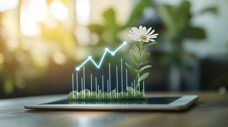 Smartphone with white daisy flower and financial chart on screen.の素材