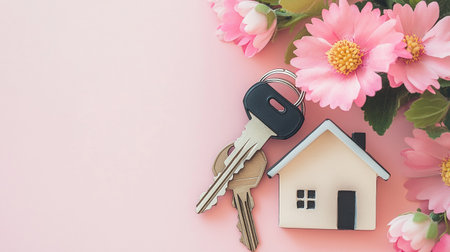 House key with keychain and flower on pastel pink background.の素材