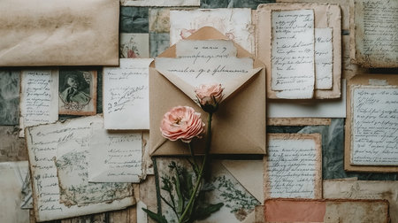 Old postcards and envelopes with letters and flowers on wooden backgroundの素材